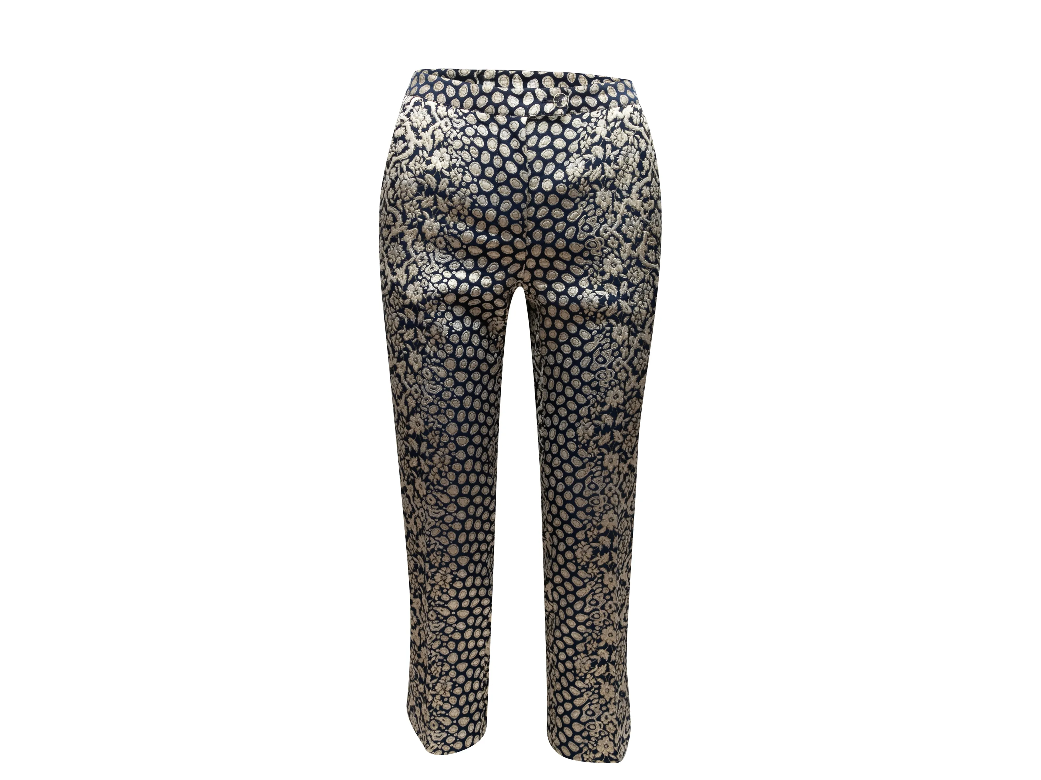 Navy & Silver Carolina Herrera Jacquard Patterned Trousers Size US 2