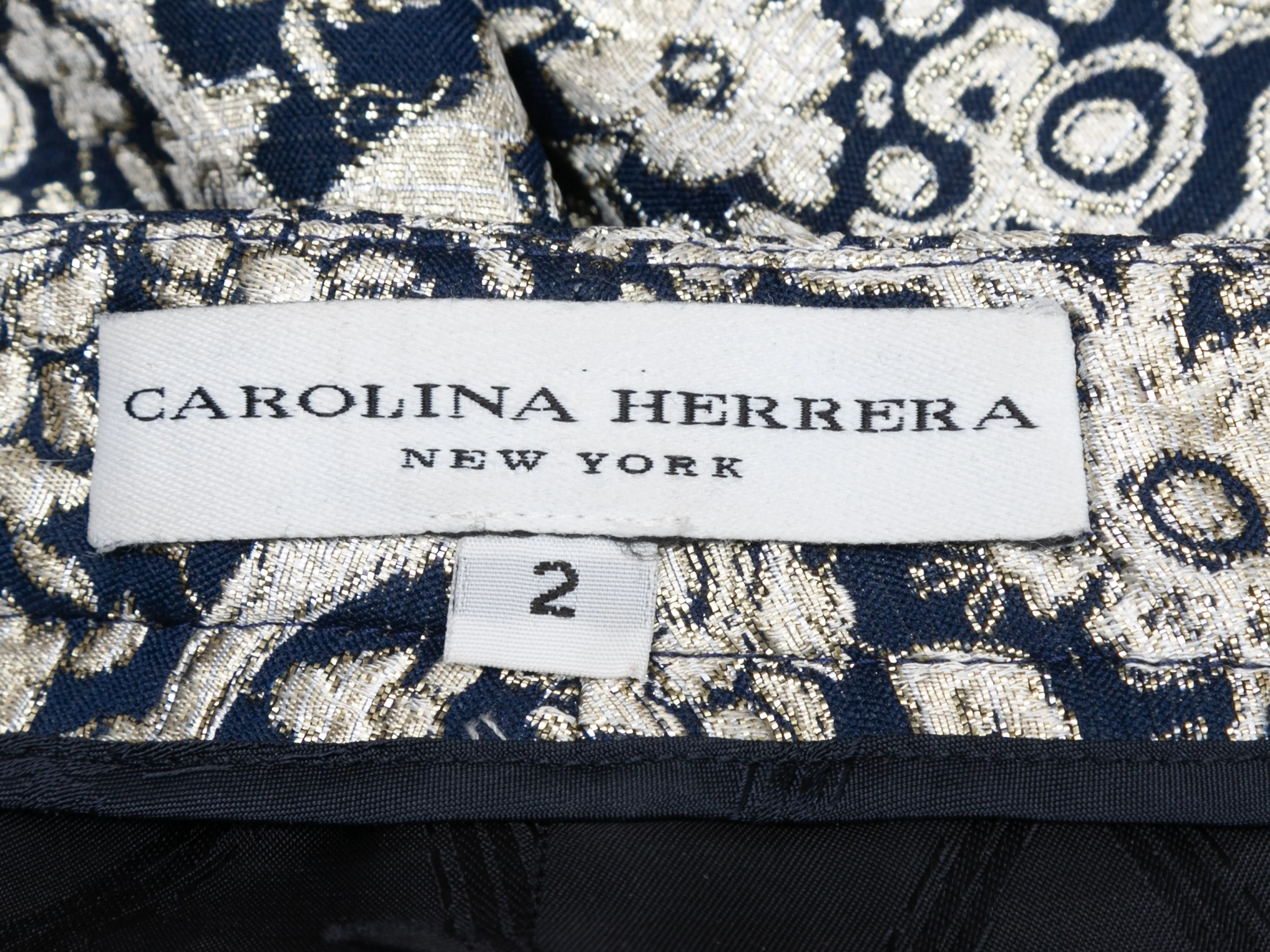 Navy & Silver Carolina Herrera Jacquard Patterned Trousers Size US 2