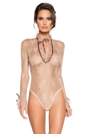 Nude Long Sleeve Lace Teddy