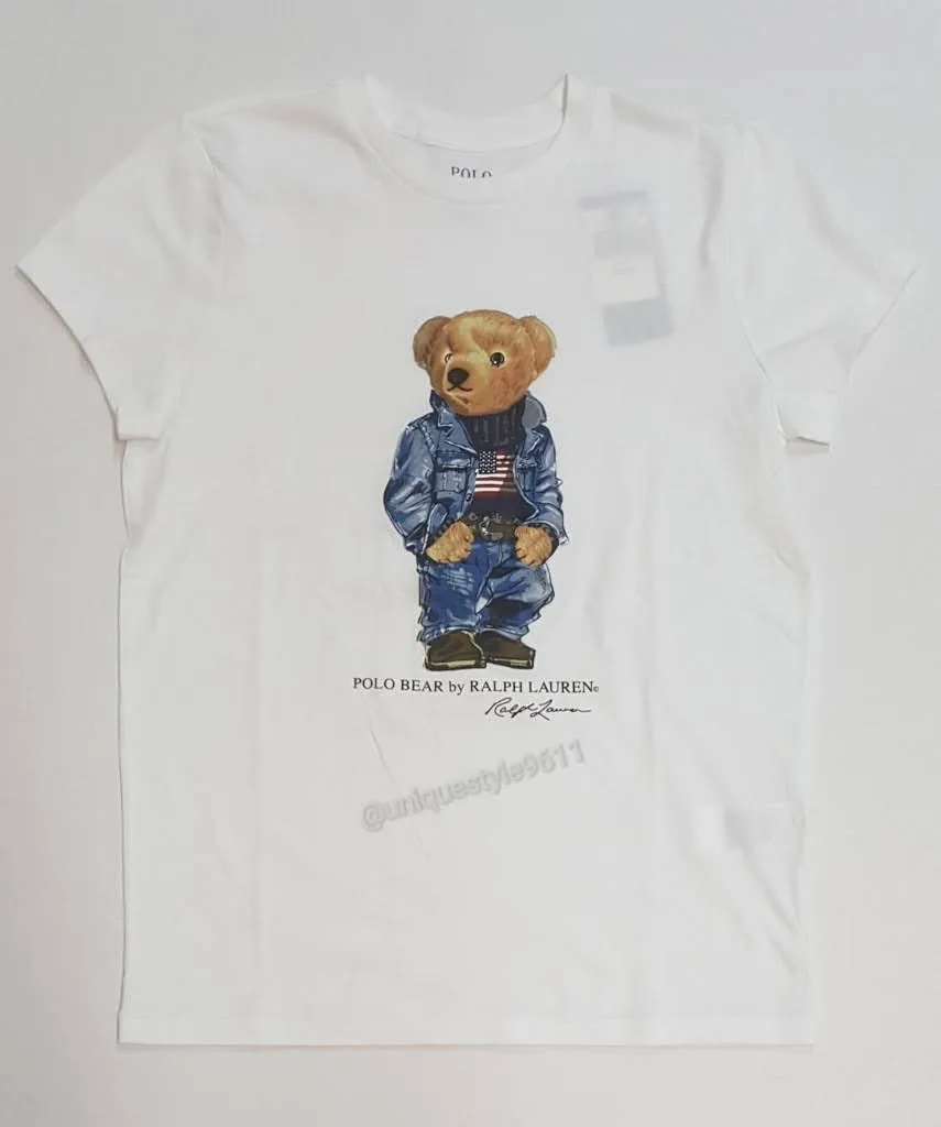 Nwt Polo Ralph Lauren Women's White American Flag Teddy Bear Tee