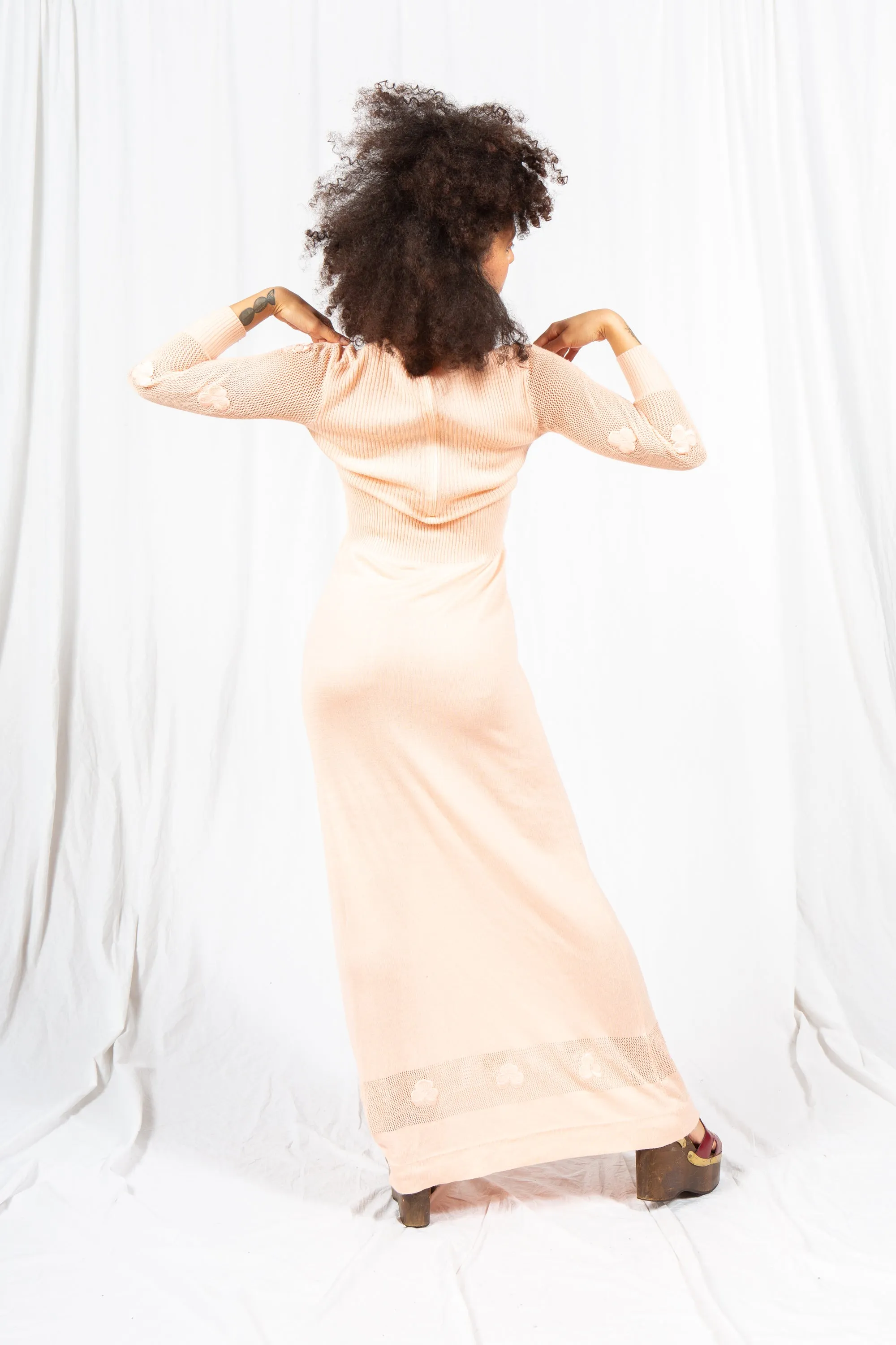 Pale Peach Knit 1970s Maxi Dress