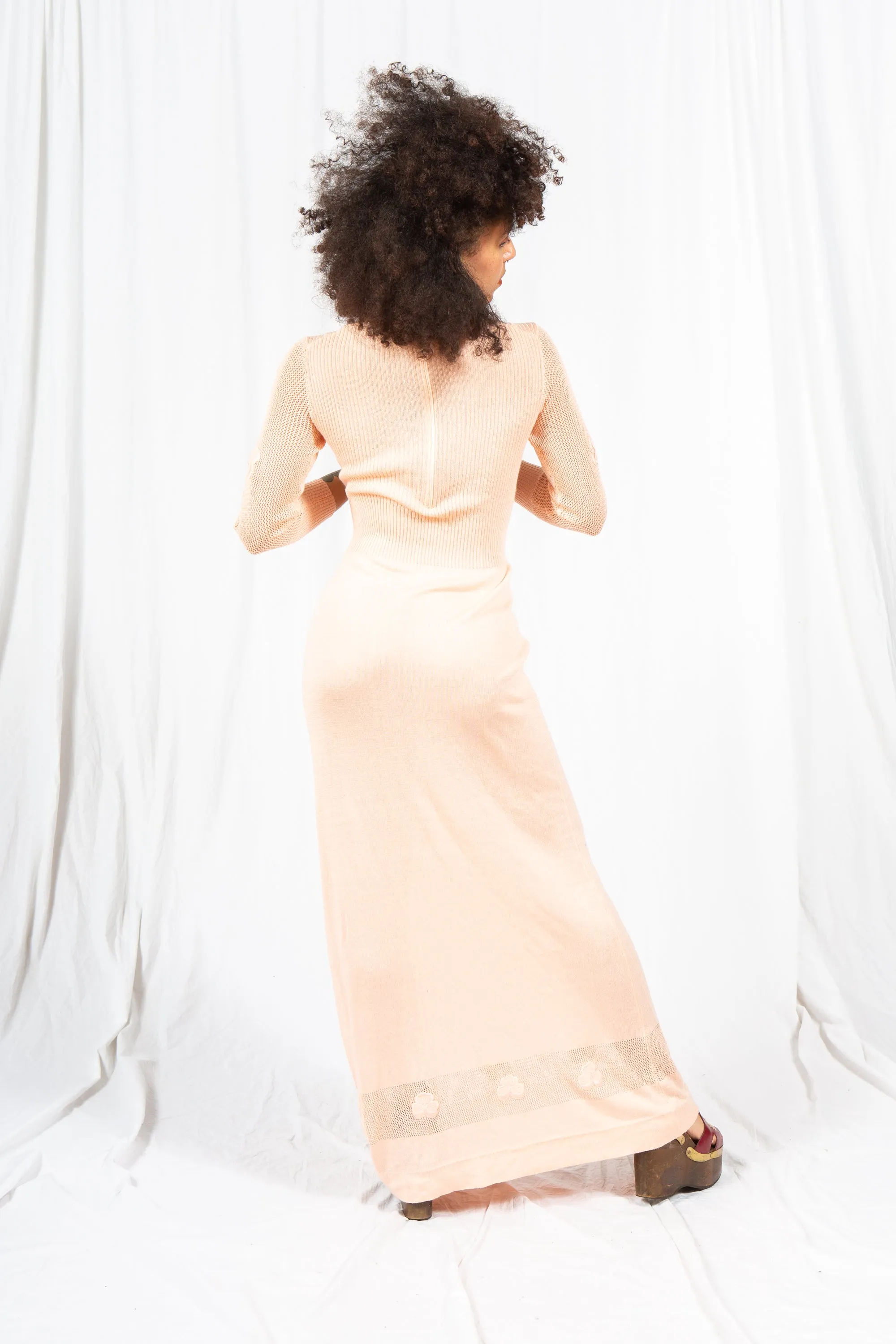 Pale Peach Knit 1970s Maxi Dress