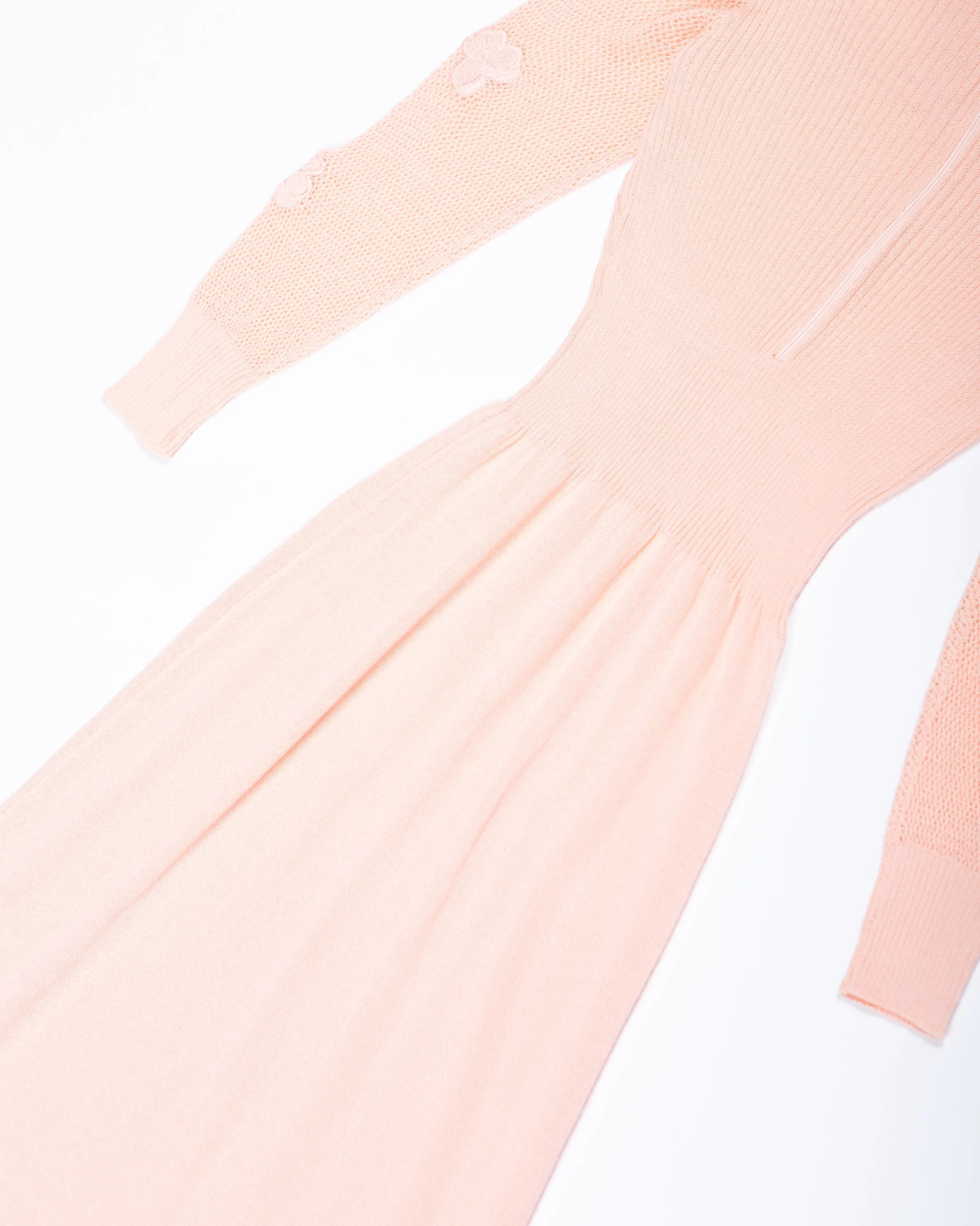 Pale Peach Knit 1970s Maxi Dress