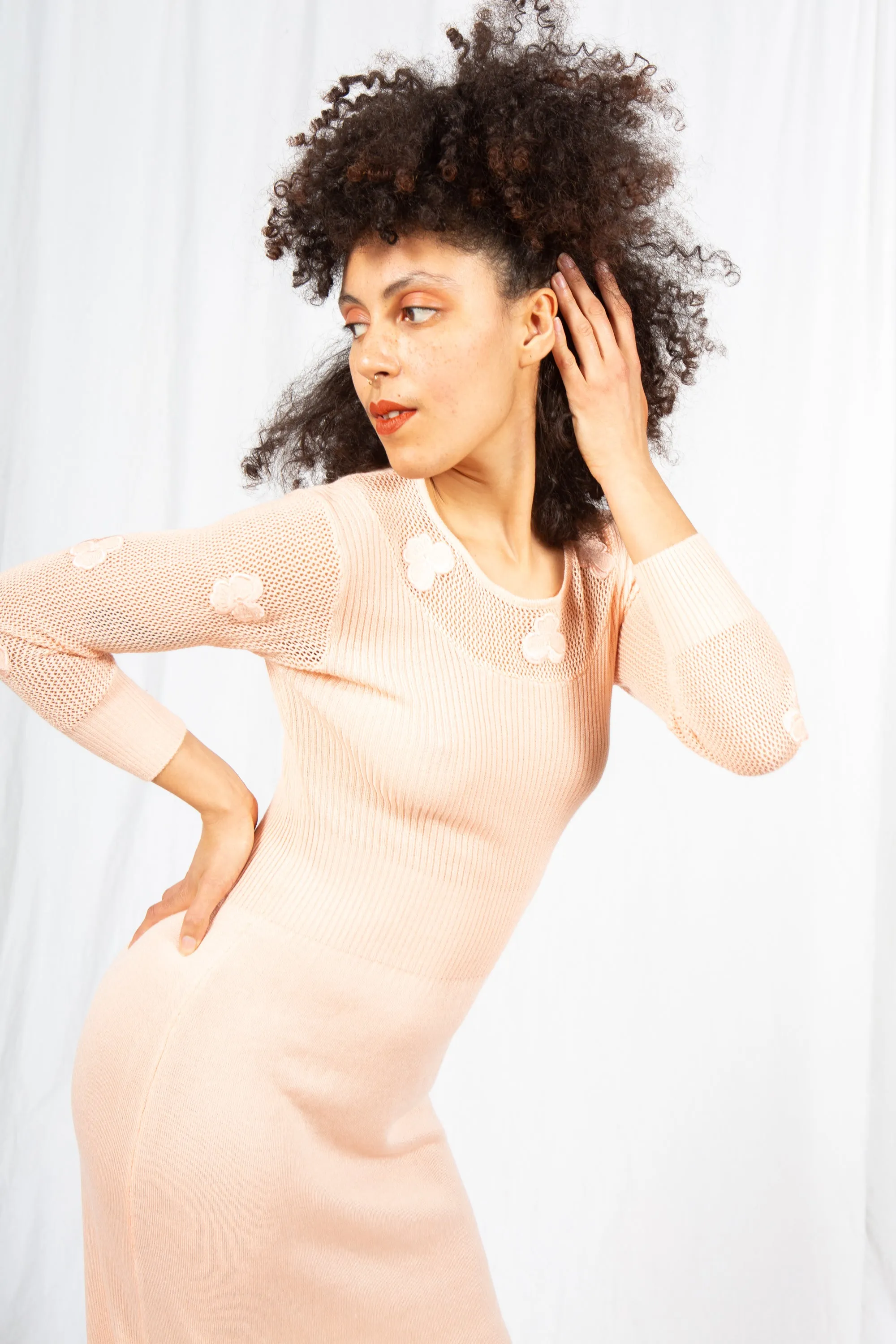 Pale Peach Knit 1970s Maxi Dress