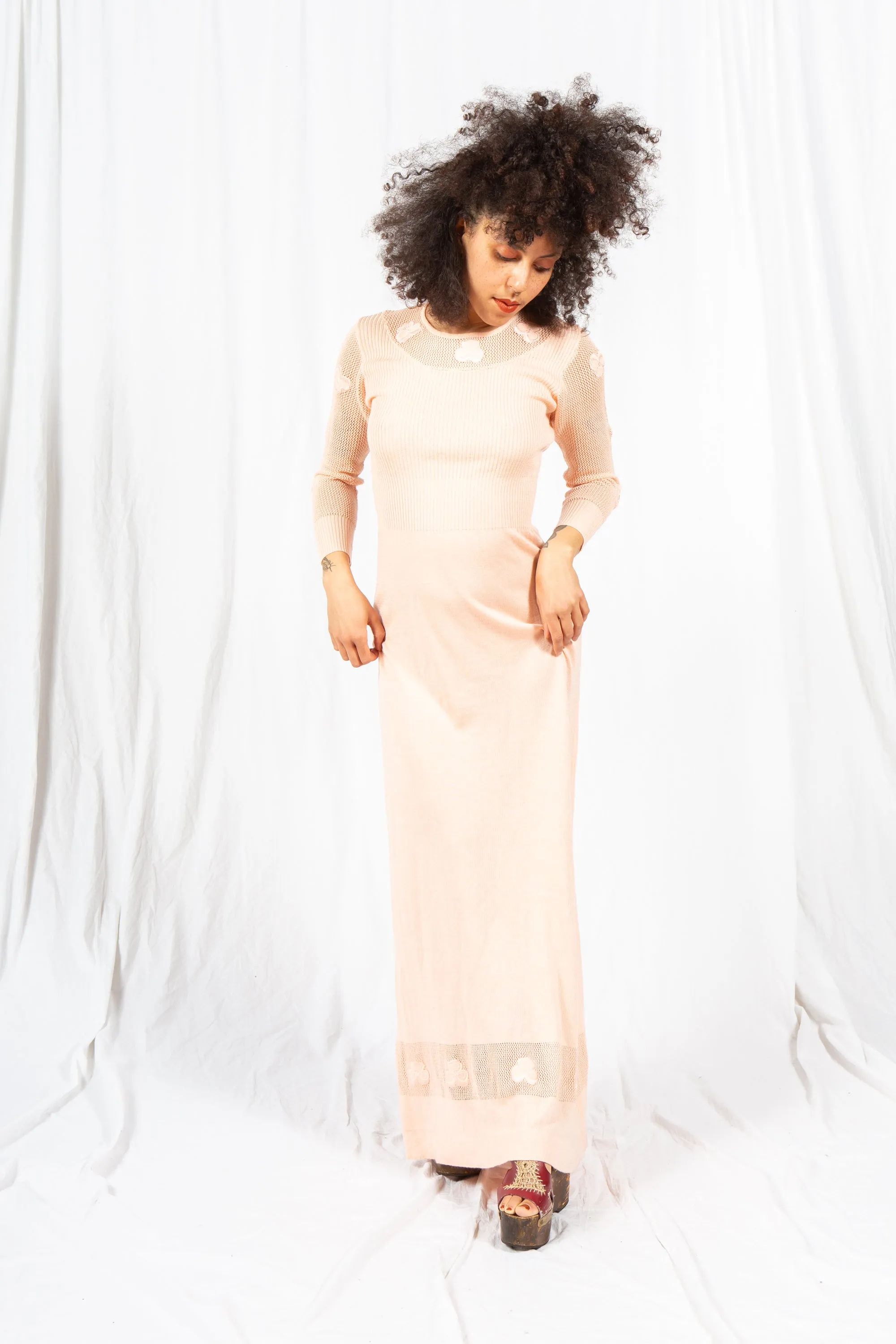 Pale Peach Knit 1970s Maxi Dress