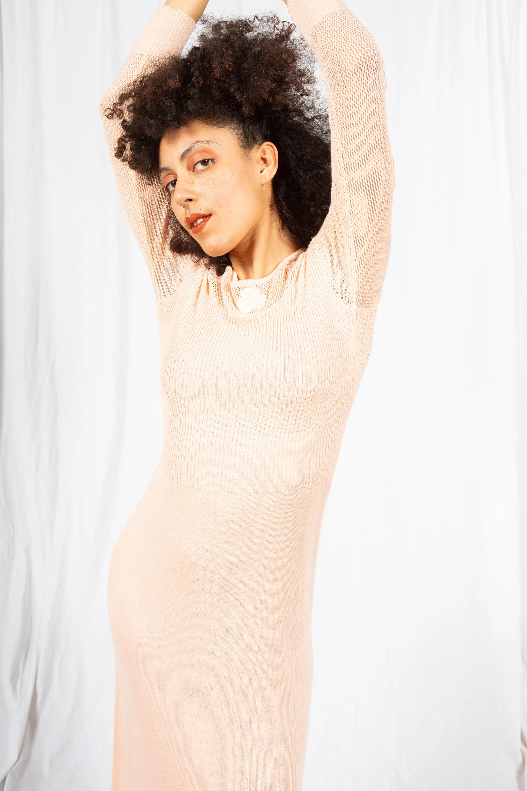 Pale Peach Knit 1970s Maxi Dress