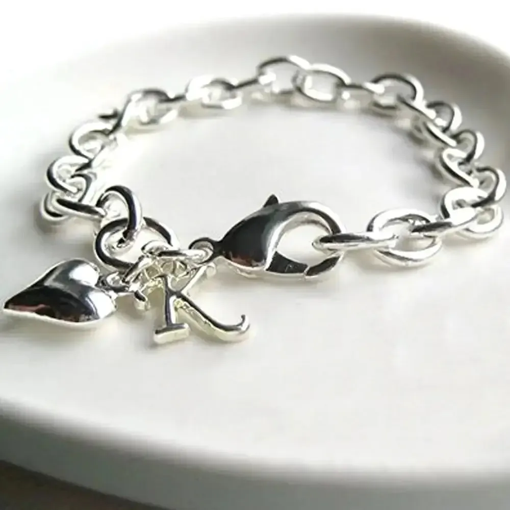 Personalised initial & heart charm cable bracelet y