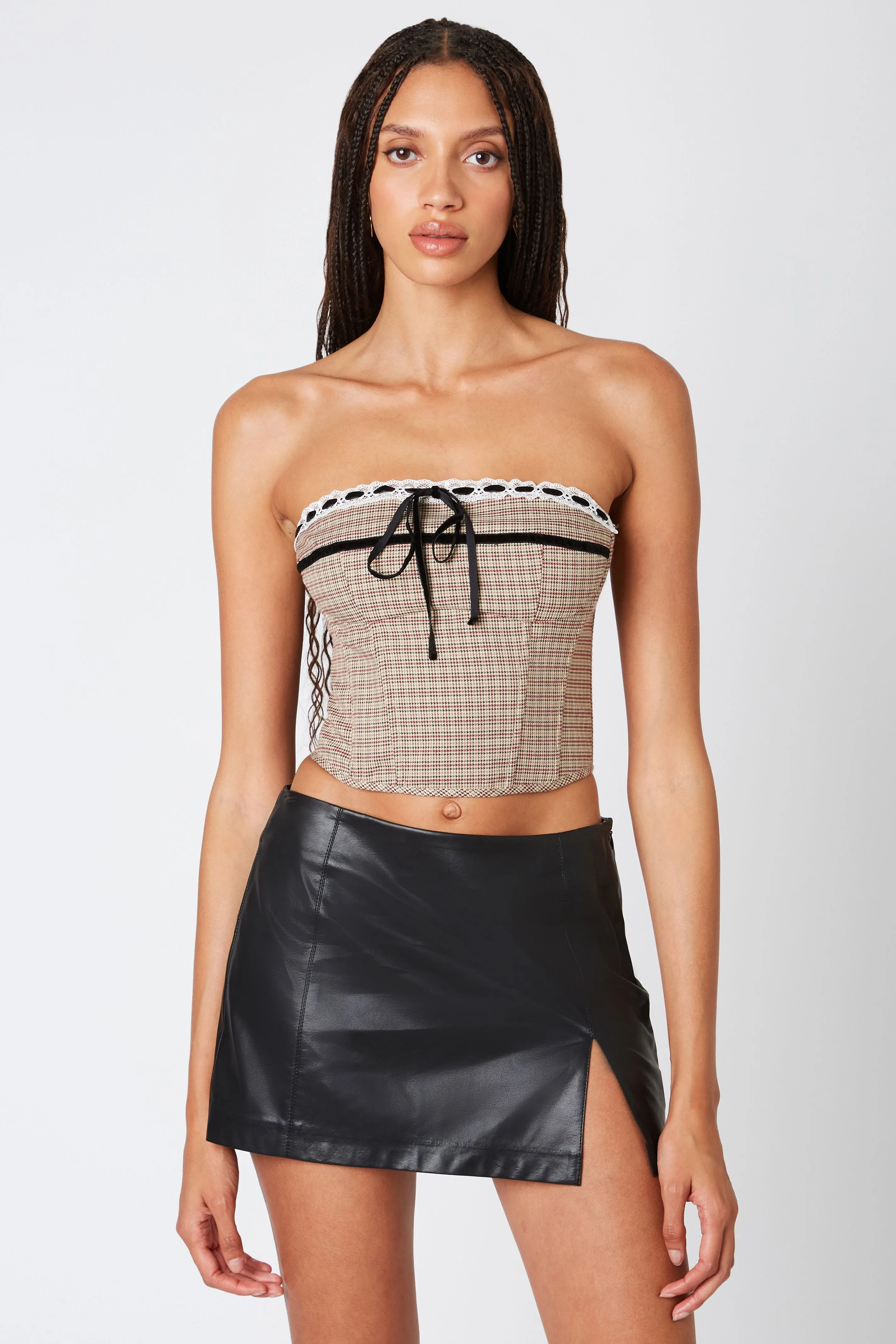 Plaid Ribbon Trim Corset Top
