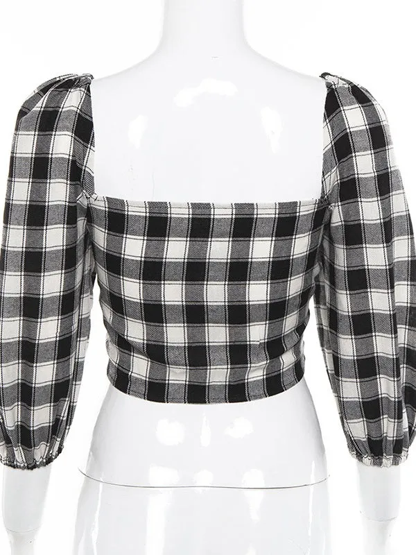 Plaid Seven-quarter Sleeve Strap Casual Top