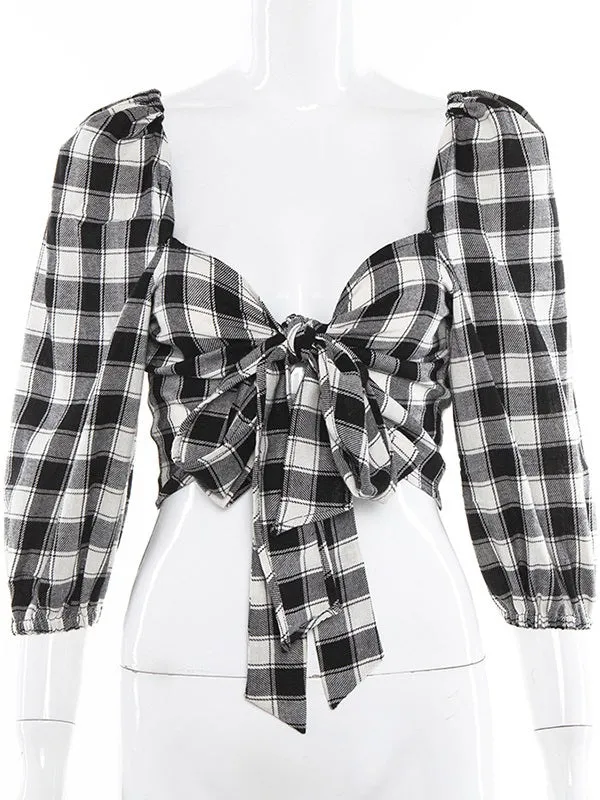 Plaid Seven-quarter Sleeve Strap Casual Top