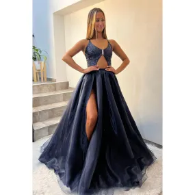 Plunging V-neck Illusion Sequins A Line Long Sparkly Pro Dress with Slit