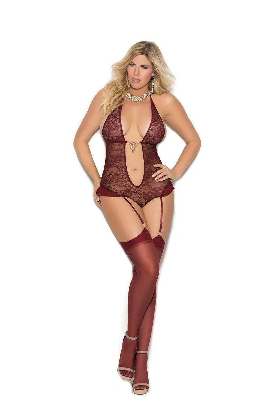 Plus Size Lace Halter Style Teddy With Deep V And Garters