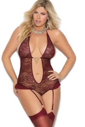 Plus Size Lace Halter Style Teddy With Deep V And Garters