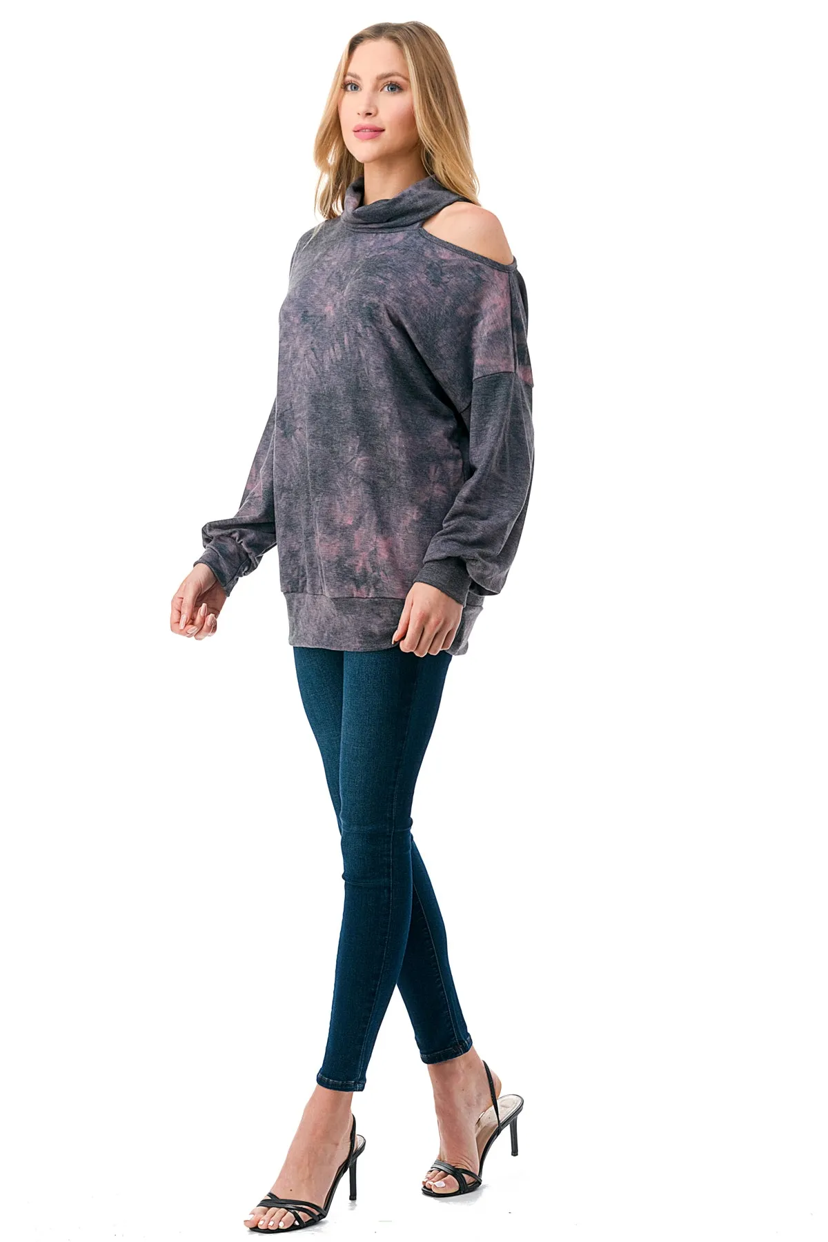 Pre-Order: ELISE OPEN SHOULDER TURTLENECK TOP (FRENCH TERRY GREY PINK TIE DYE)-VT2842