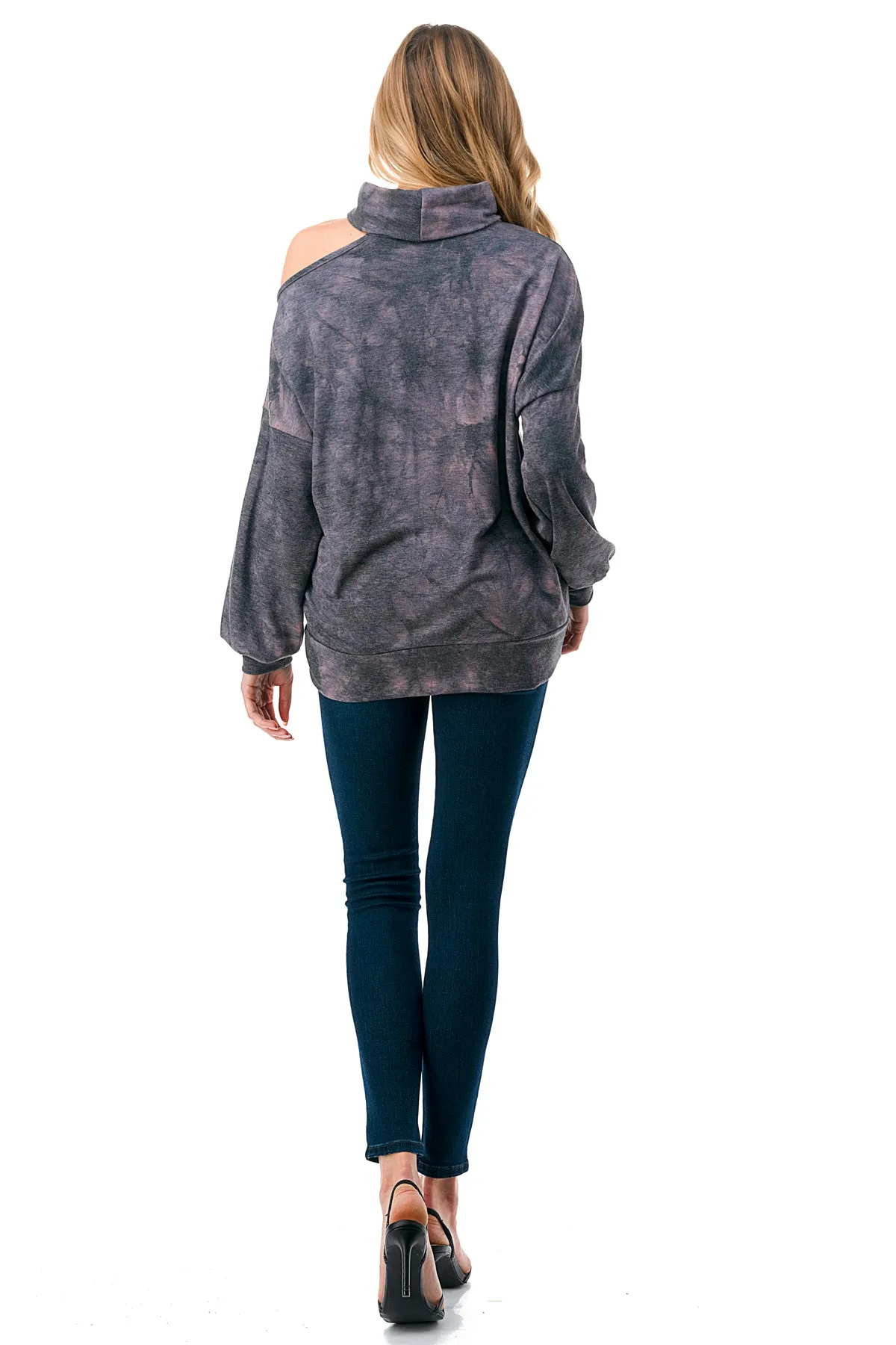 Pre-Order: ELISE OPEN SHOULDER TURTLENECK TOP (FRENCH TERRY GREY PINK TIE DYE)-VT2842