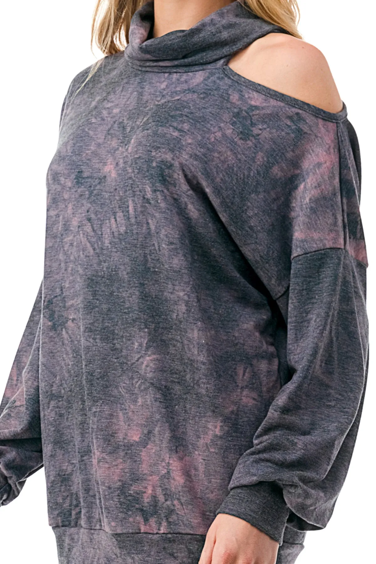 Pre-Order: ELISE OPEN SHOULDER TURTLENECK TOP (FRENCH TERRY GREY PINK TIE DYE)-VT2842
