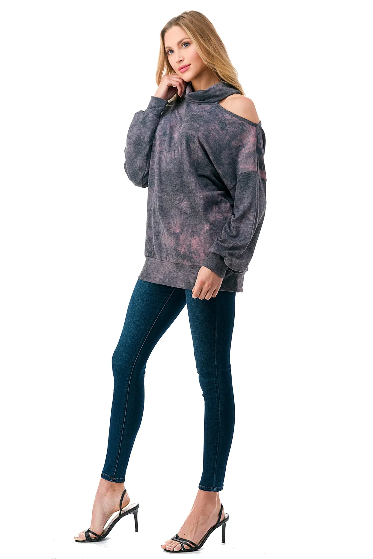 Pre-Order: ELISE OPEN SHOULDER TURTLENECK TOP (FRENCH TERRY GREY PINK TIE DYE)-VT2842