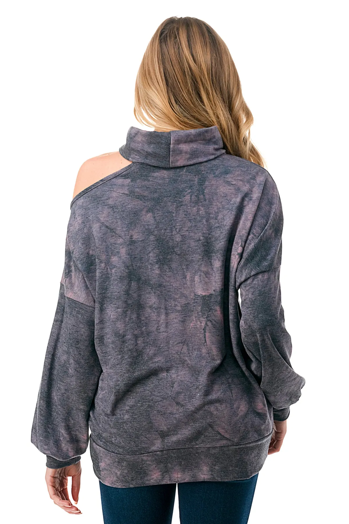 Pre-Order: ELISE OPEN SHOULDER TURTLENECK TOP (FRENCH TERRY GREY PINK TIE DYE)-VT2842