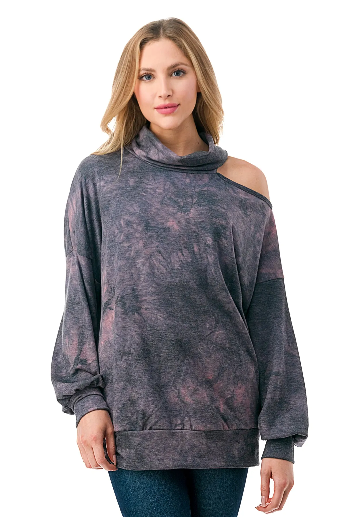 Pre-Order: ELISE OPEN SHOULDER TURTLENECK TOP (FRENCH TERRY GREY PINK TIE DYE)-VT2842