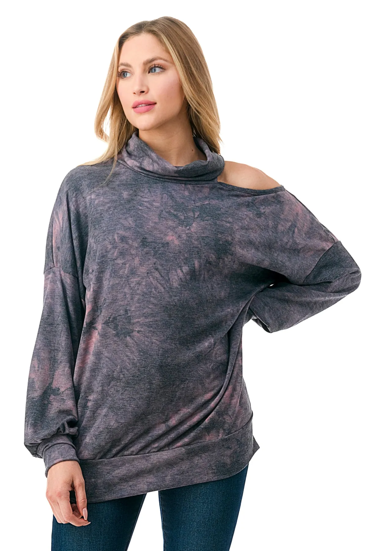 Pre-Order: ELISE OPEN SHOULDER TURTLENECK TOP (FRENCH TERRY GREY PINK TIE DYE)-VT2842