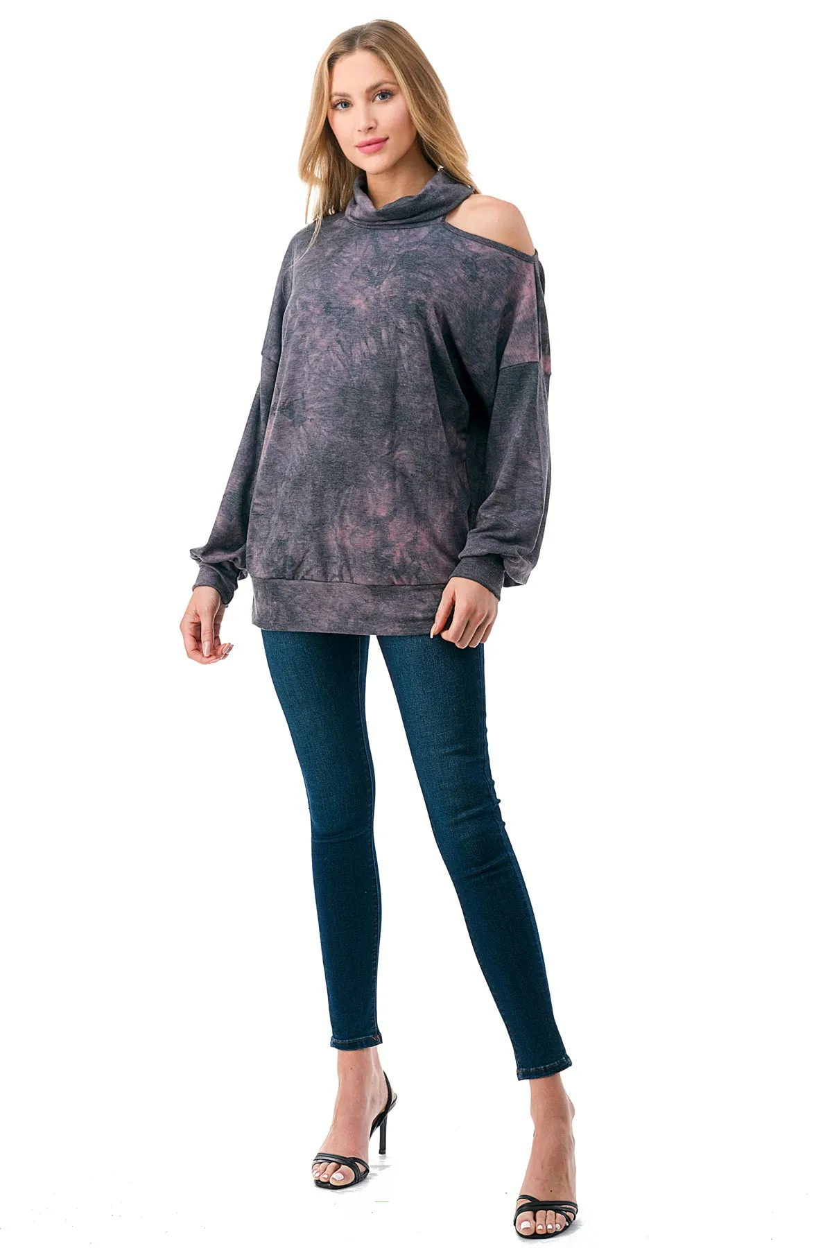 Pre-Order: ELISE OPEN SHOULDER TURTLENECK TOP (FRENCH TERRY GREY PINK TIE DYE)-VT2842