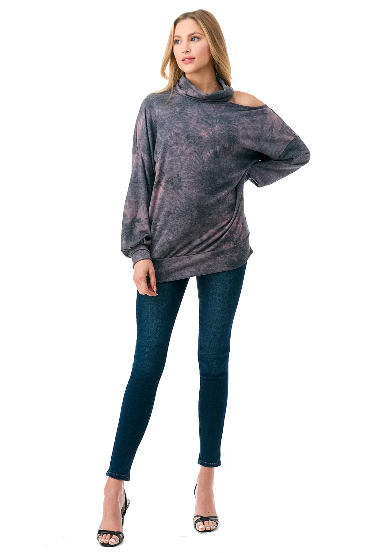 Pre-Order: ELISE OPEN SHOULDER TURTLENECK TOP (FRENCH TERRY GREY PINK TIE DYE)-VT2842