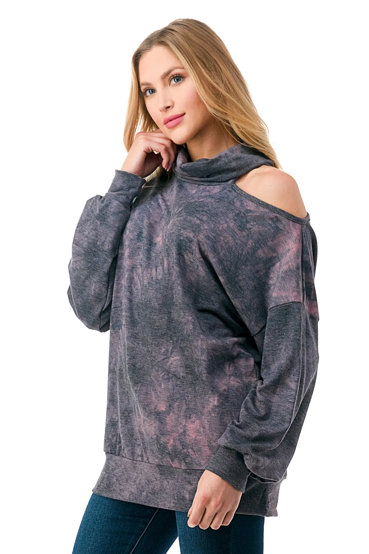 Pre-Order: ELISE OPEN SHOULDER TURTLENECK TOP (FRENCH TERRY GREY PINK TIE DYE)-VT2842