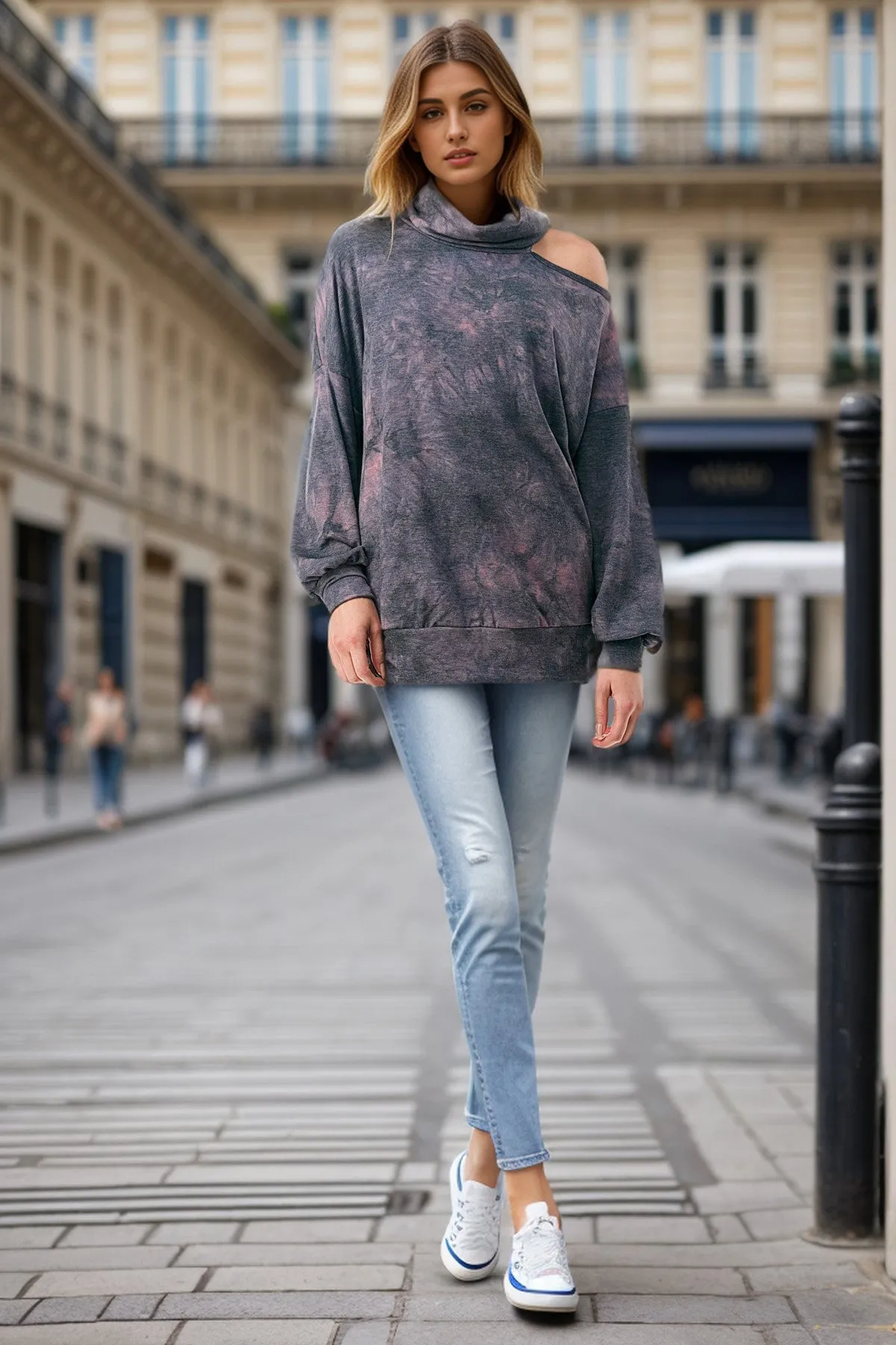 Pre-Order: ELISE OPEN SHOULDER TURTLENECK TOP (FRENCH TERRY GREY PINK TIE DYE)-VT2842