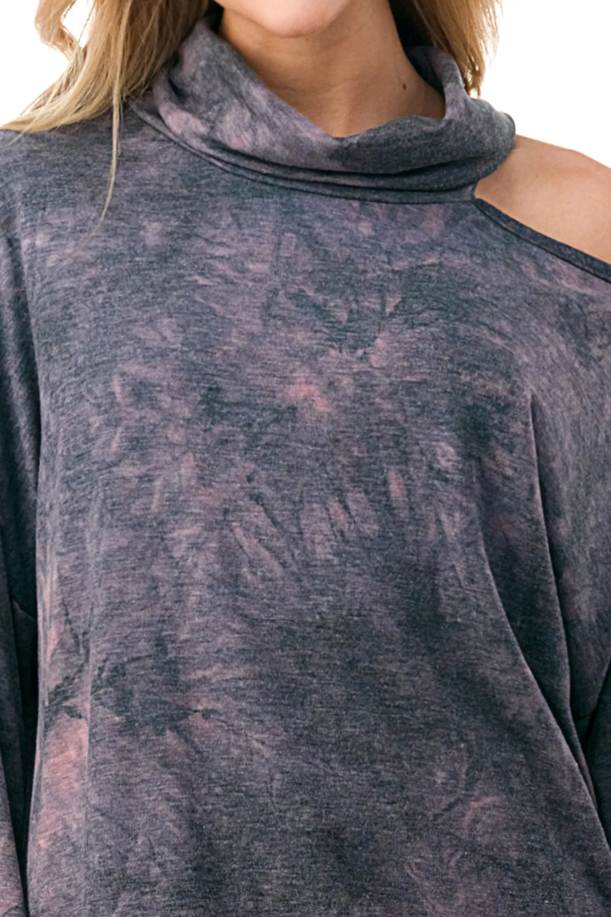 Pre-Order: ELISE OPEN SHOULDER TURTLENECK TOP (FRENCH TERRY GREY PINK TIE DYE)-VT2842