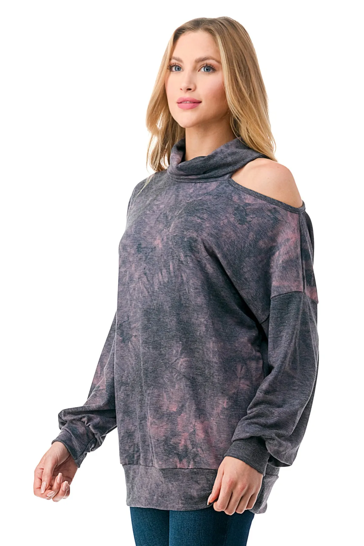 Pre-Order: ELISE OPEN SHOULDER TURTLENECK TOP (FRENCH TERRY GREY PINK TIE DYE)-VT2842