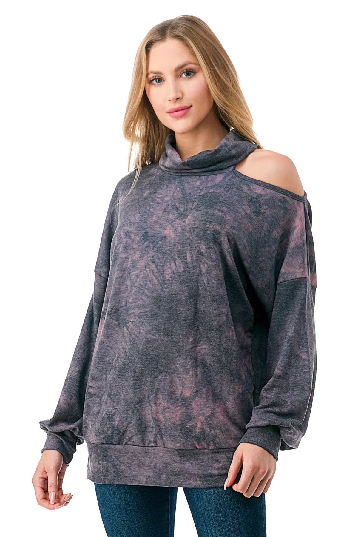 Pre-Order: ELISE OPEN SHOULDER TURTLENECK TOP (FRENCH TERRY GREY PINK TIE DYE)-VT2842