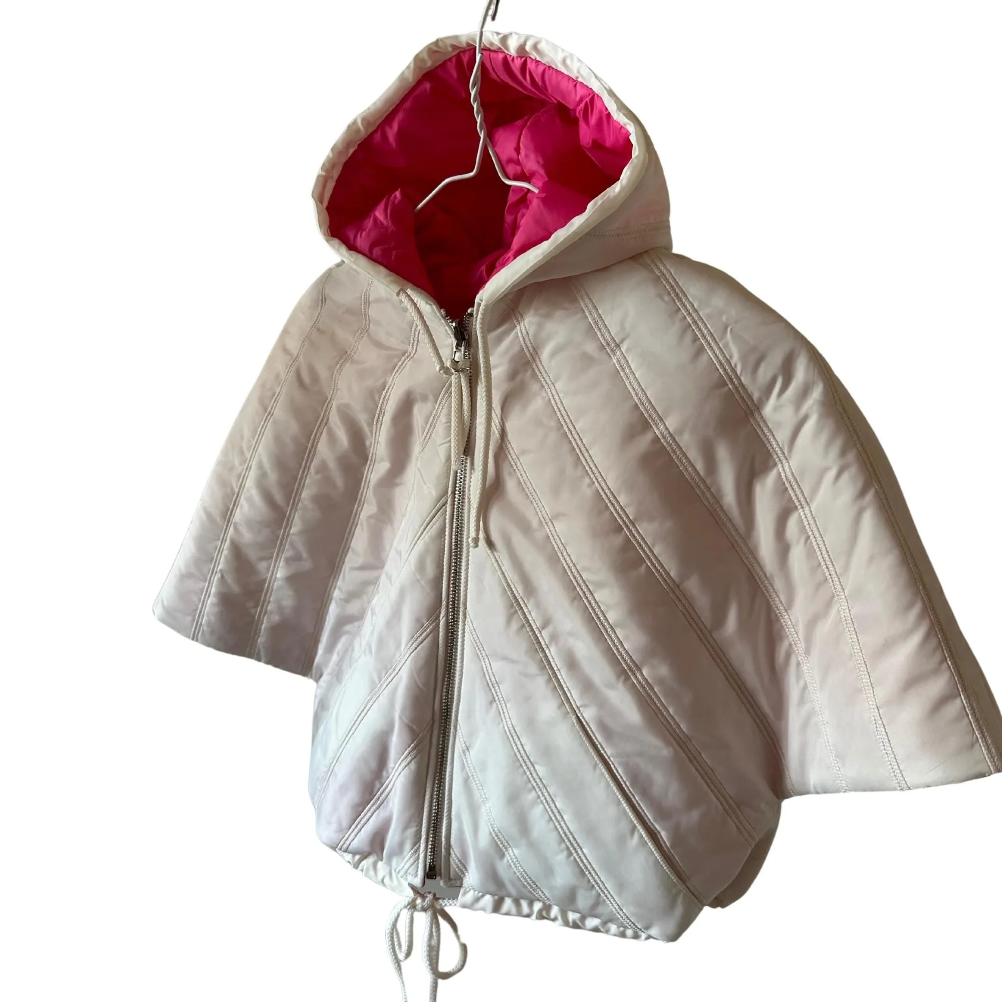 Puffer Ivory Hot Pink Reversible Mid-Season Quilted Jacket with Hood and Zipper, Made of Raincoat Fabric (One Size for Girls 6-10 Years)