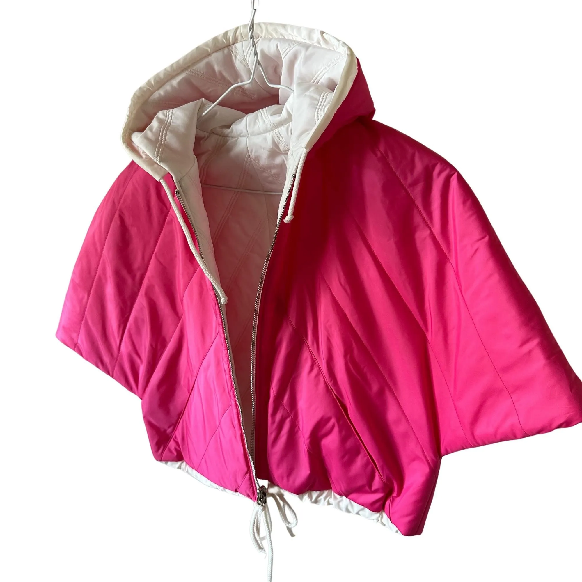 Puffer Ivory Hot Pink Reversible Mid-Season Quilted Jacket with Hood and Zipper, Made of Raincoat Fabric (One Size for Girls 6-10 Years)