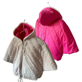 Puffer Ivory Hot Pink Reversible Mid-Season Quilted Jacket with Hood and Zipper, Made of Raincoat Fabric (One Size for Girls 6-10 Years)