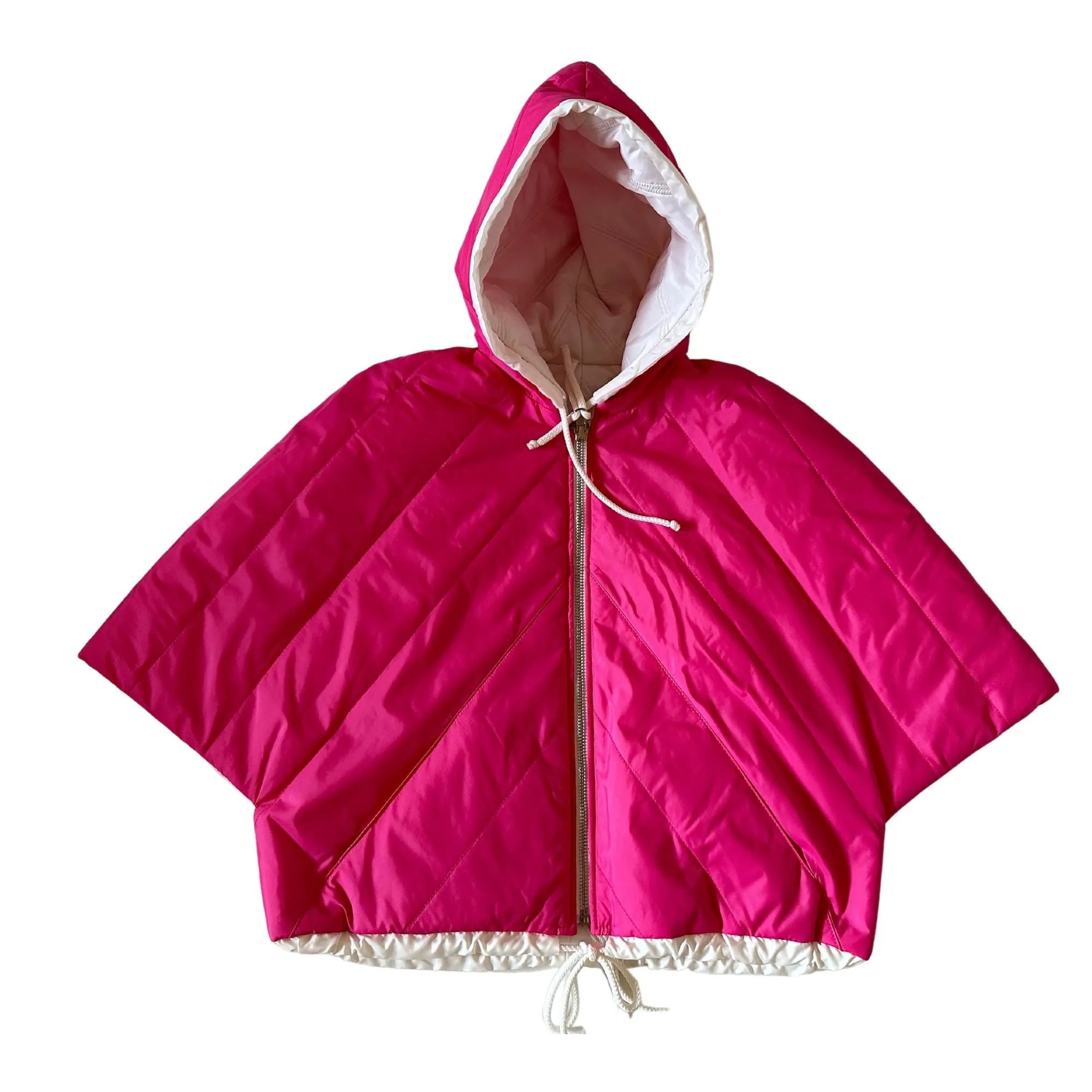 Puffer Ivory Hot Pink Reversible Mid-Season Quilted Jacket with Hood and Zipper, Made of Raincoat Fabric (One Size for Girls 6-10 Years)