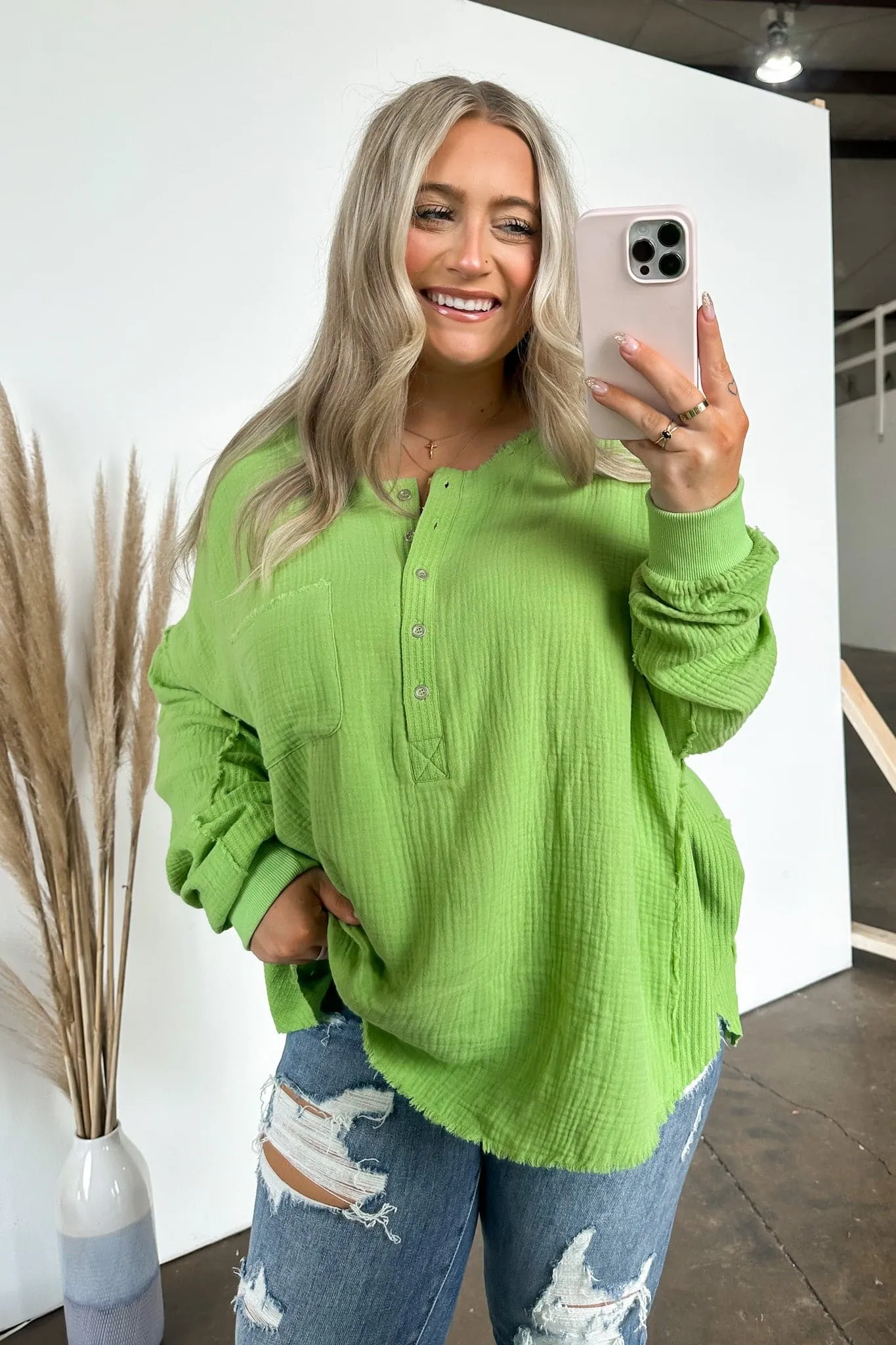 Rayssa Flowy Raw Edge Henley Top - FINAL SALE