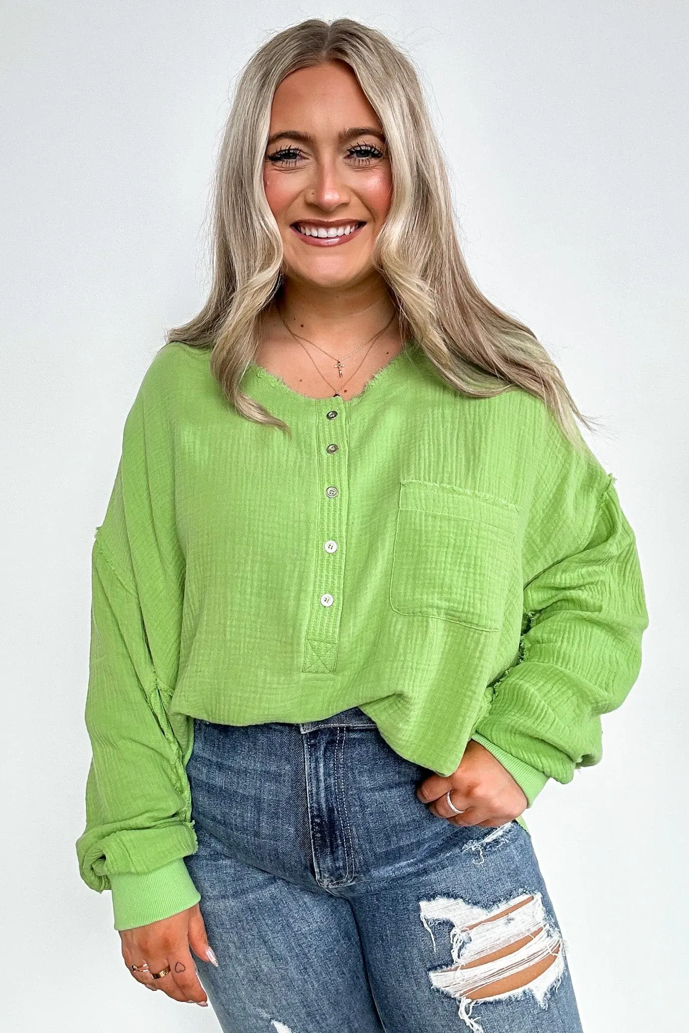 Rayssa Flowy Raw Edge Henley Top - FINAL SALE