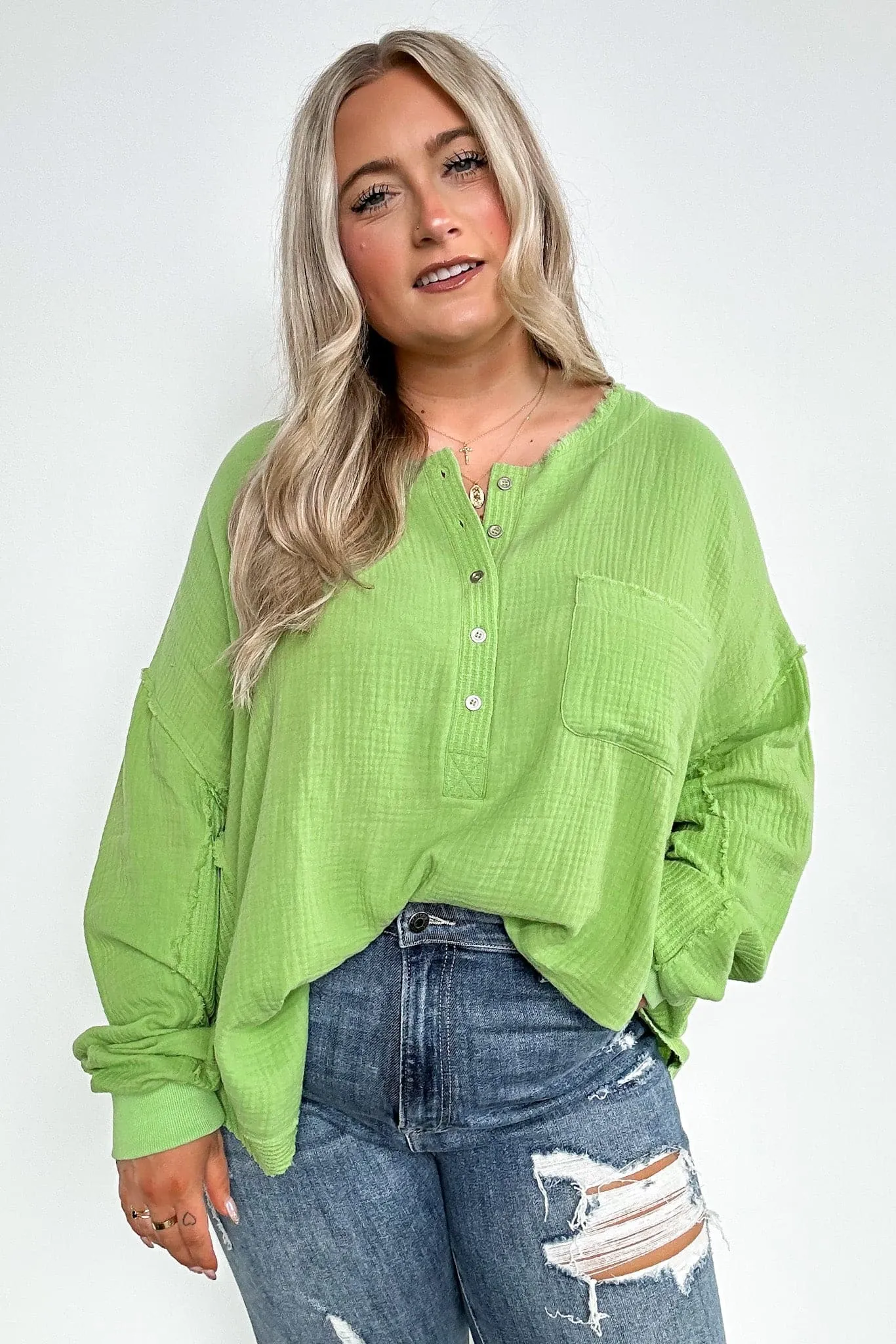 Rayssa Flowy Raw Edge Henley Top - FINAL SALE