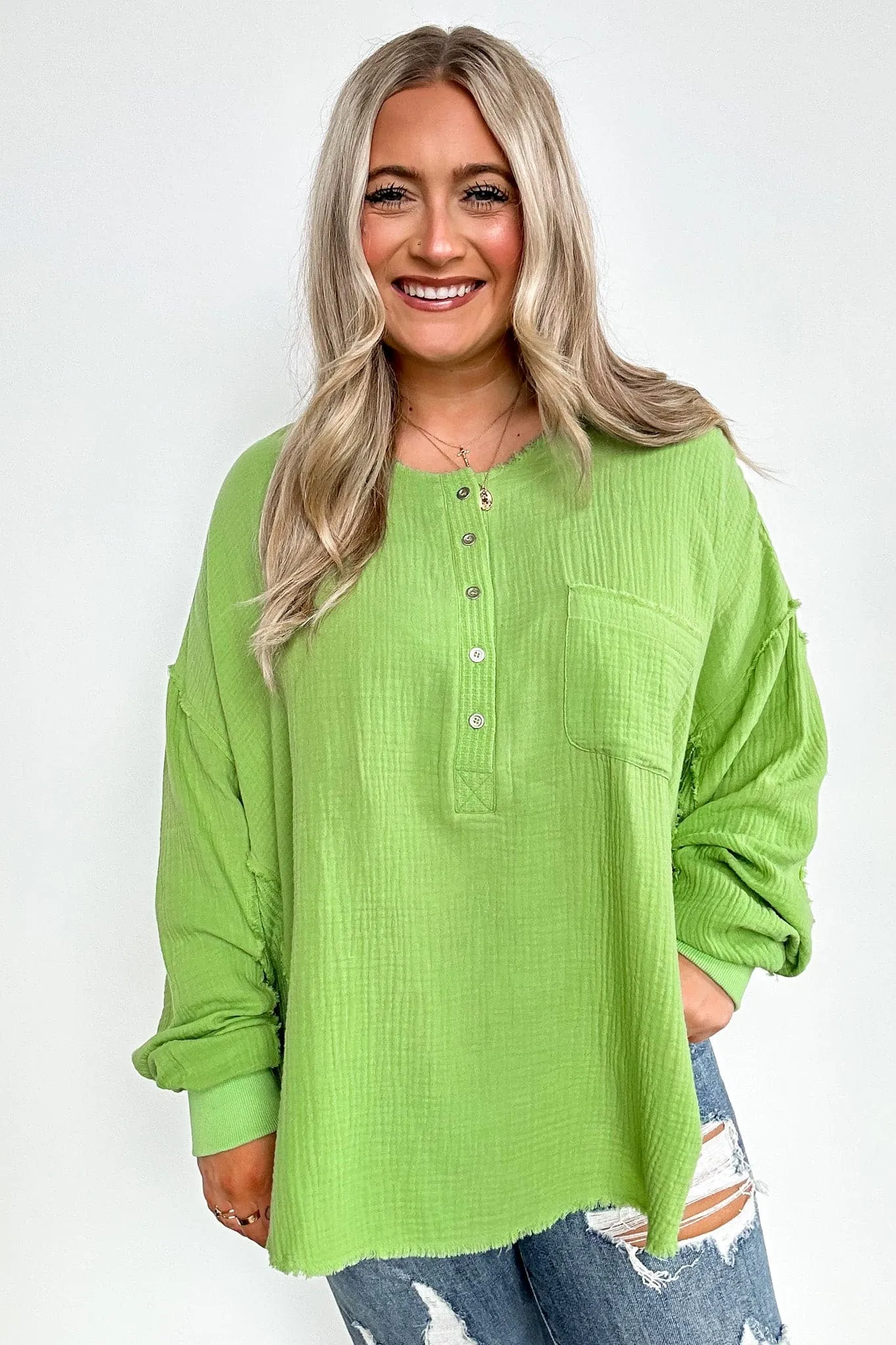 Rayssa Flowy Raw Edge Henley Top - FINAL SALE