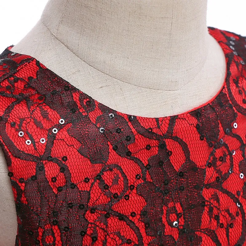 Red Sequin Lace Dress, Size 3-10 Yrs