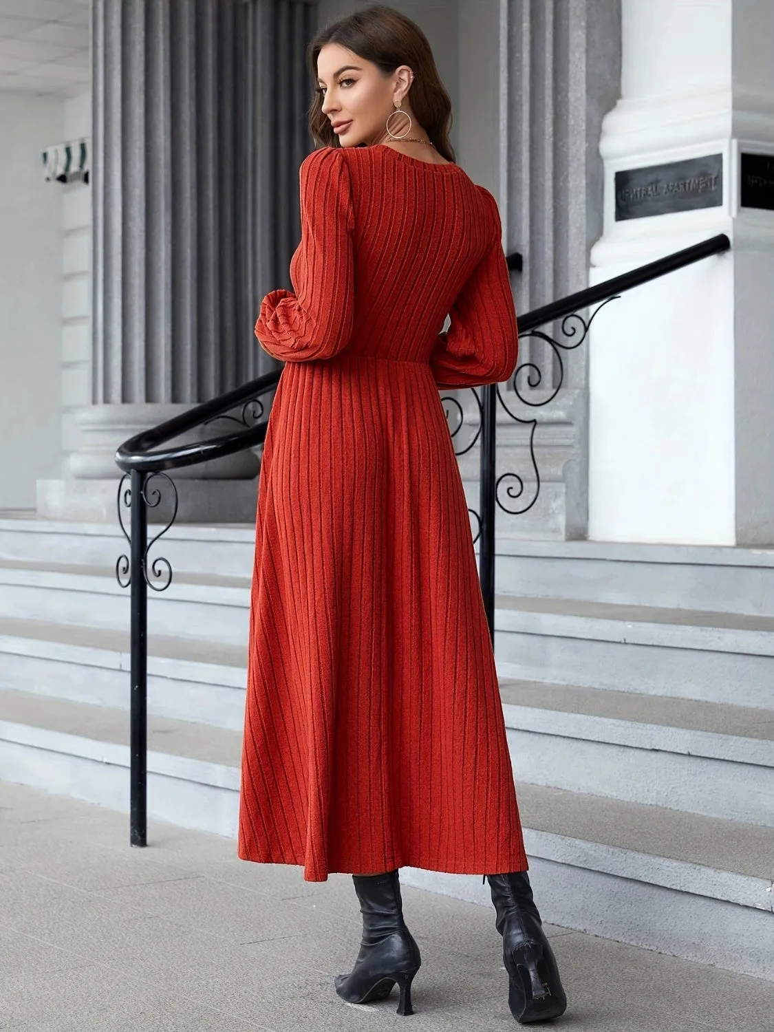 Ribbed Round Neck Long  Red Sleeve Dress