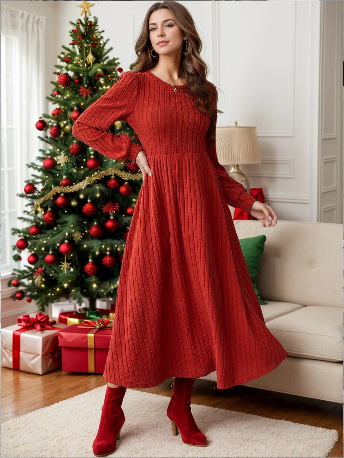 Ribbed Round Neck Long  Red Sleeve Dress