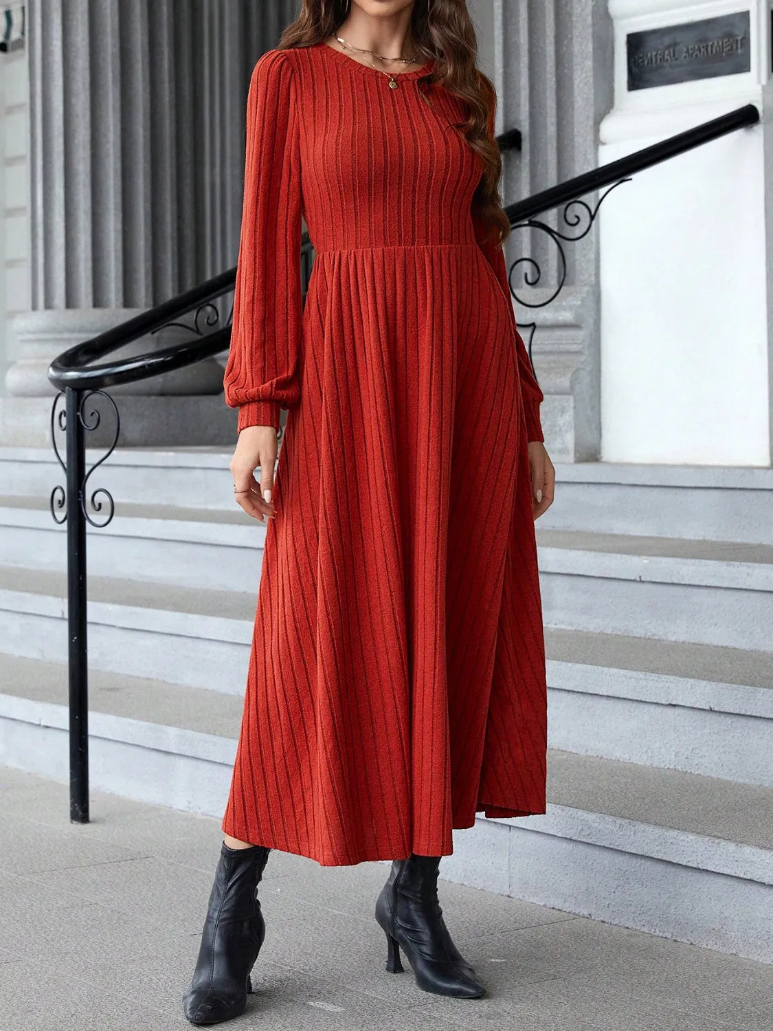 Ribbed Round Neck Long  Red Sleeve Dress