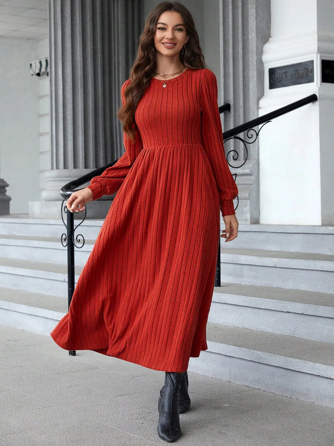 Ribbed Round Neck Long  Red Sleeve Dress