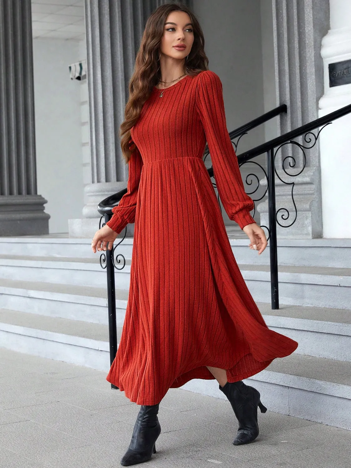 Ribbed Round Neck Long  Red Sleeve Dress