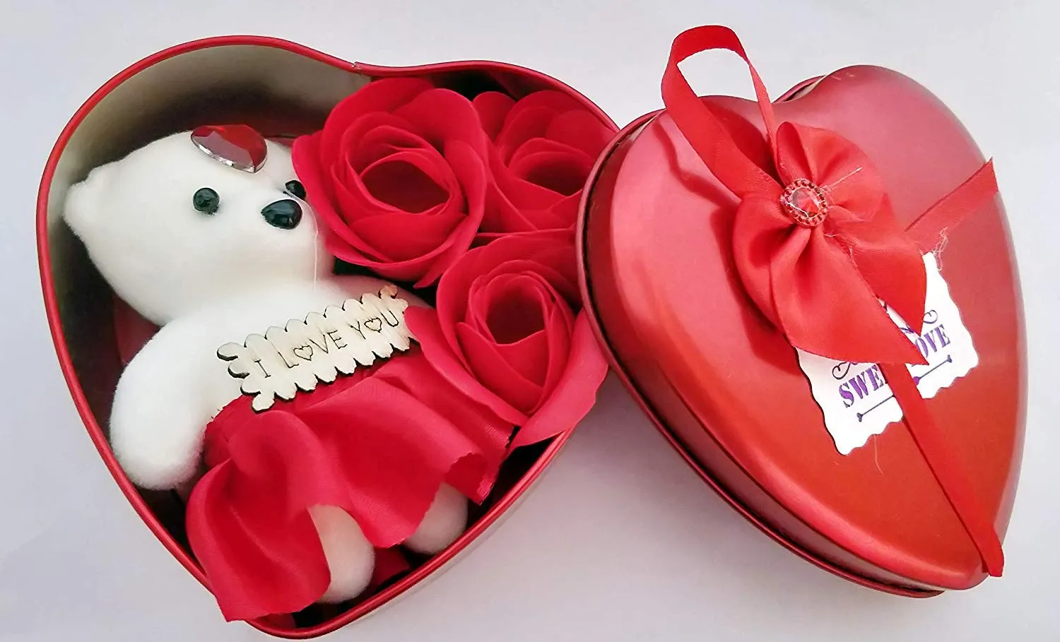 Saudeep India Trading Corporation Set of Teddy in Heart Shaped Box with, Beautiful Greeting Card and a Buke