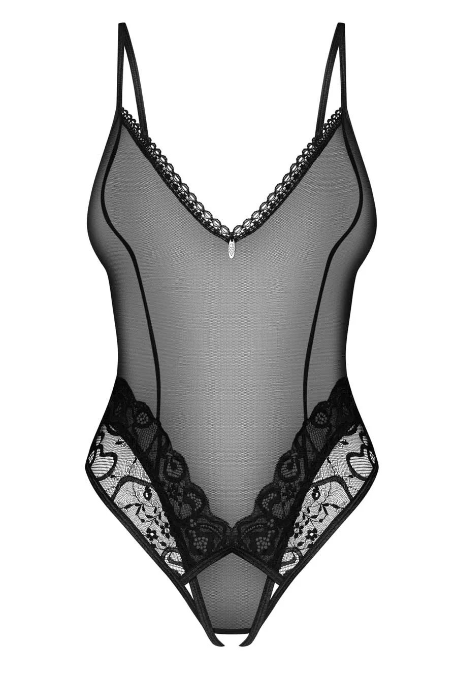 Sheer Black Lace Crotchless Teddy Bodysuit
