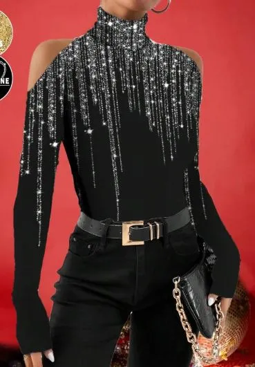 Shein Turtleneck Pile Neck Sequins Off The Shoulder Christmas Women Top  