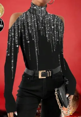 Shein Turtleneck Pile Neck Sequins Off The Shoulder Christmas Women Top  