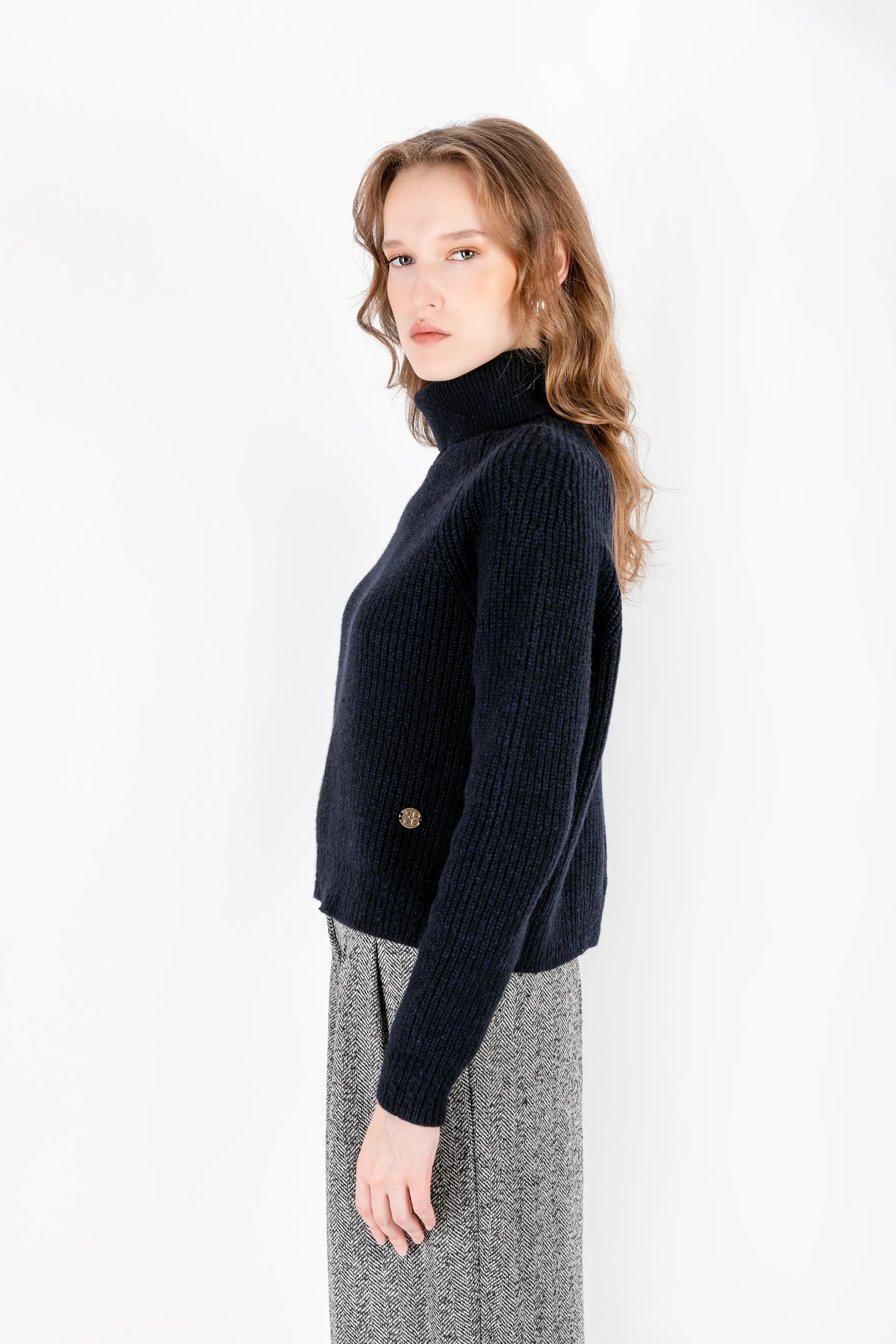 Simge - Wool Blend Turtleneck Navy Blue Sweater